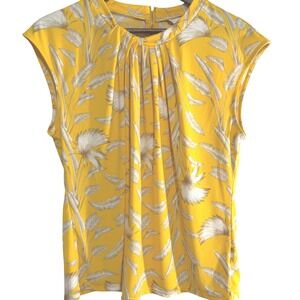 Liz Claiborne Womens Yellow Tropical Palm Leaf Pleated Neck Blouse Large
